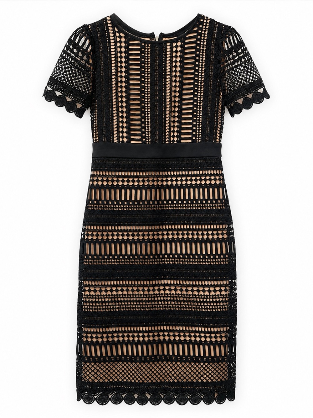 NWT Gabby Skye Black Lace Nude Lined Cocktail Dress Size 8